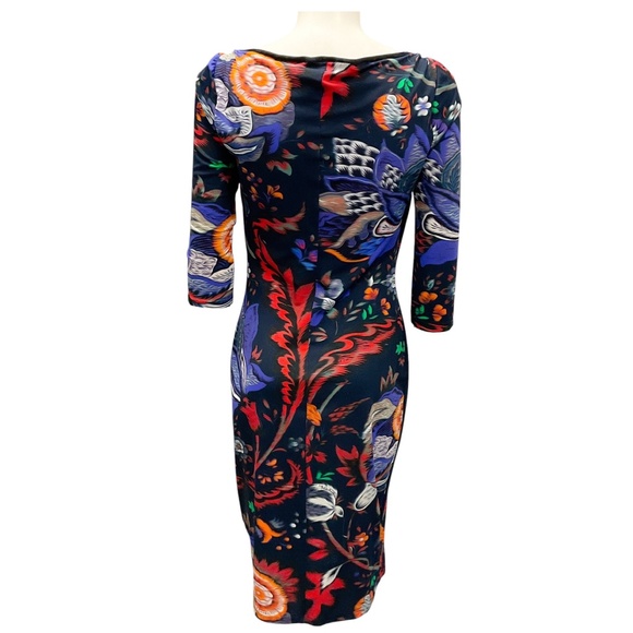 ROBERTO CAVALLI NAVY MULTI FLORAL STRETCH JERSEY MIDI COCKTAIL DRESS - Picture 3 of 5